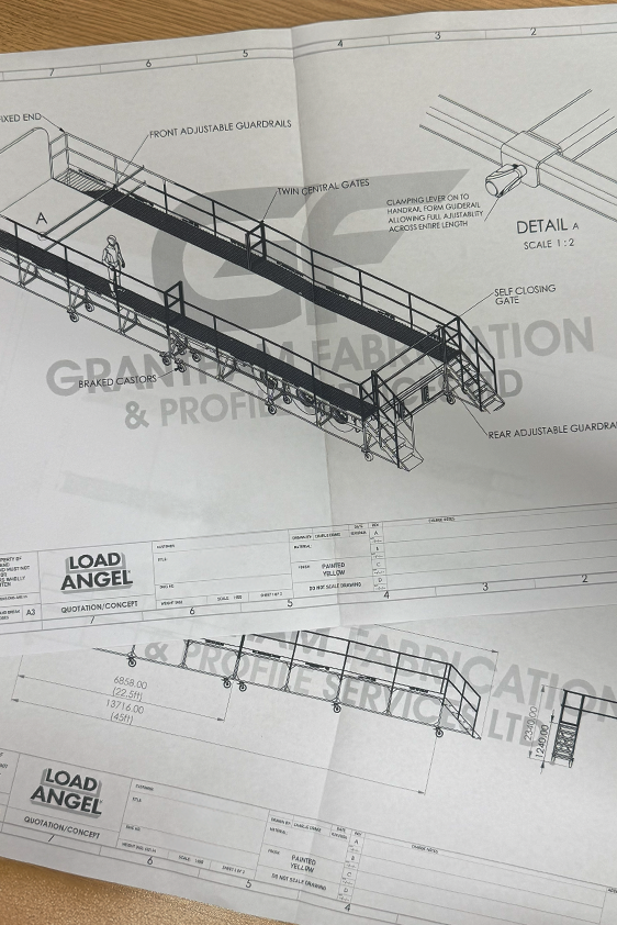 Technical drawing of a loading ramp with adjustable guardrails, twin central gates, and a self-closing gate, including detailed measurements and structural components.