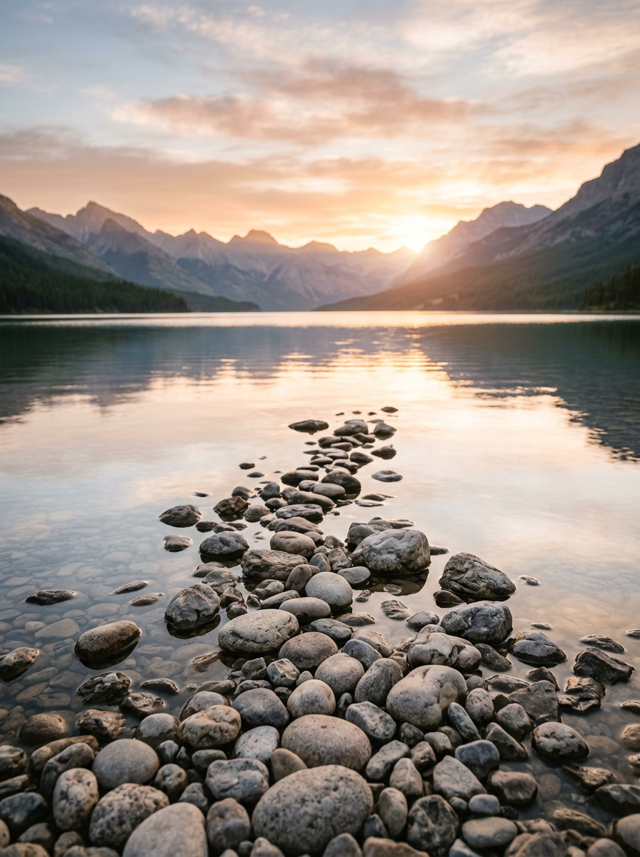 Coucher de soleil sur un lac entouré de montagnes, avec une plage de galets au premier plan.