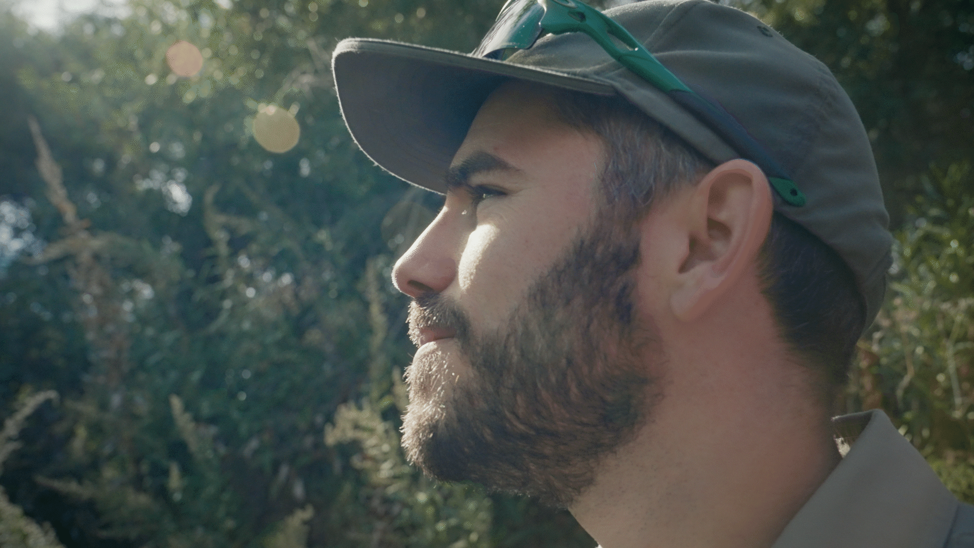 Side profile of a bearded man wearing a cap with sunglasses on top, outdoors in a natural setting with trees and sunlight.