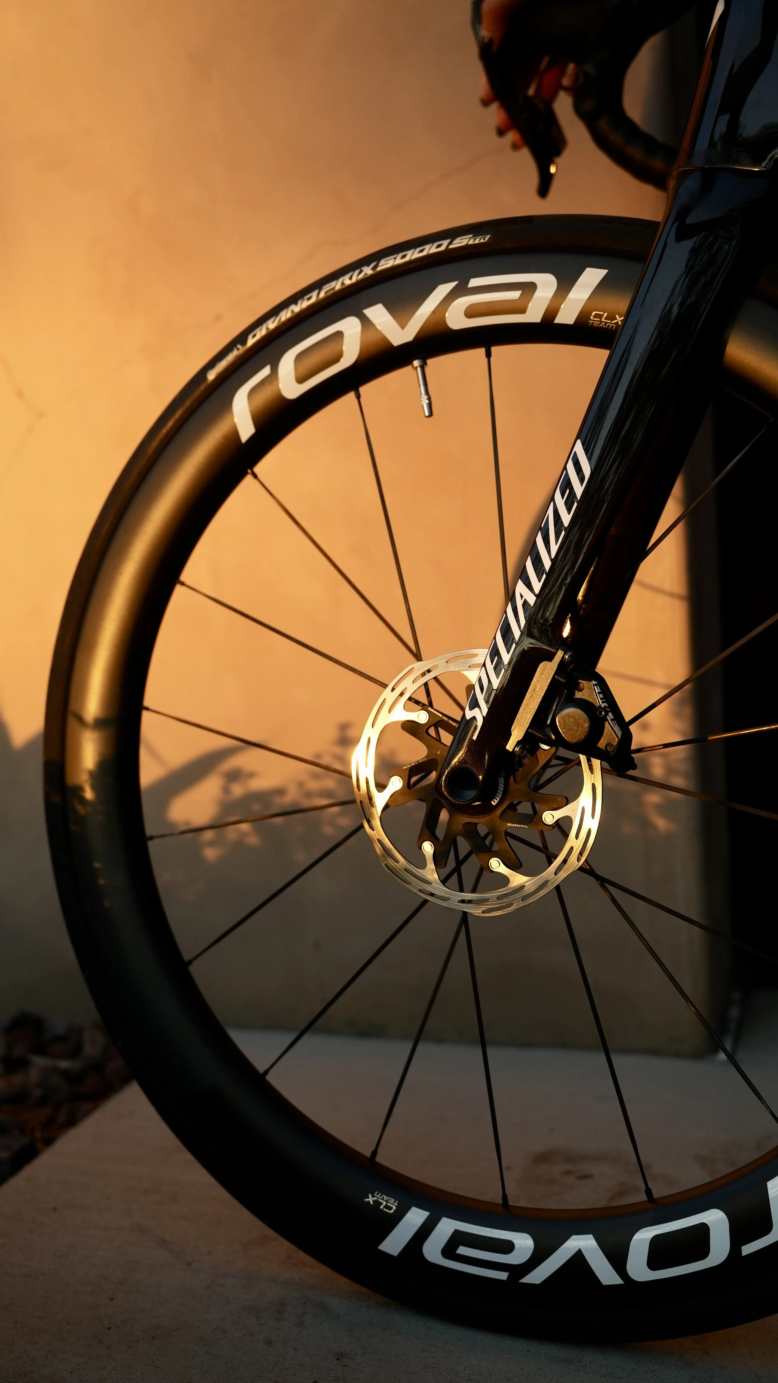 Close-up of a black Specialized S-Works mountain bike wheel with disc brake, rim labeled with white letters, illuminated by warm sunlight.