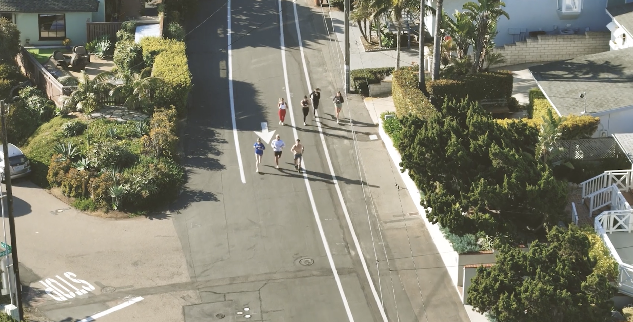 Aerial view of a city street with eight pedestrians walking along the crosswalk, surrounded by greenery, residential buildings, and parked cars.