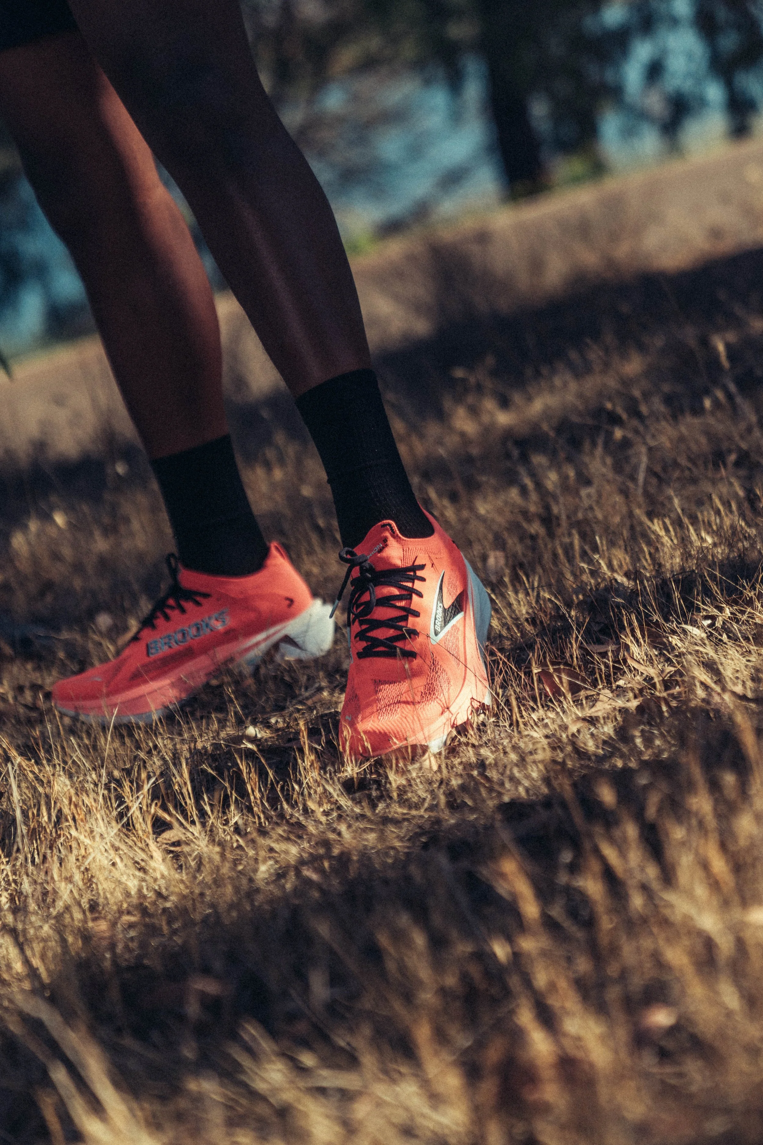 Close-up of a person's running shoes and feet on a dirt trail in a natural outdoor setting.