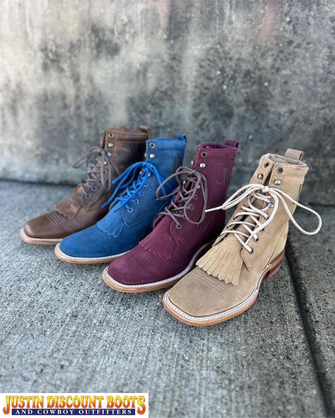 Lace ups are making a huge comeback and @rwatsonboots understood the assignment! Three beautiful rough outs and one perfect cowhide all located in our South Store!
&bull;
&bull;
#JDB #justindiscountboots #justindiscountbootsandcowboyoutfitters #justi