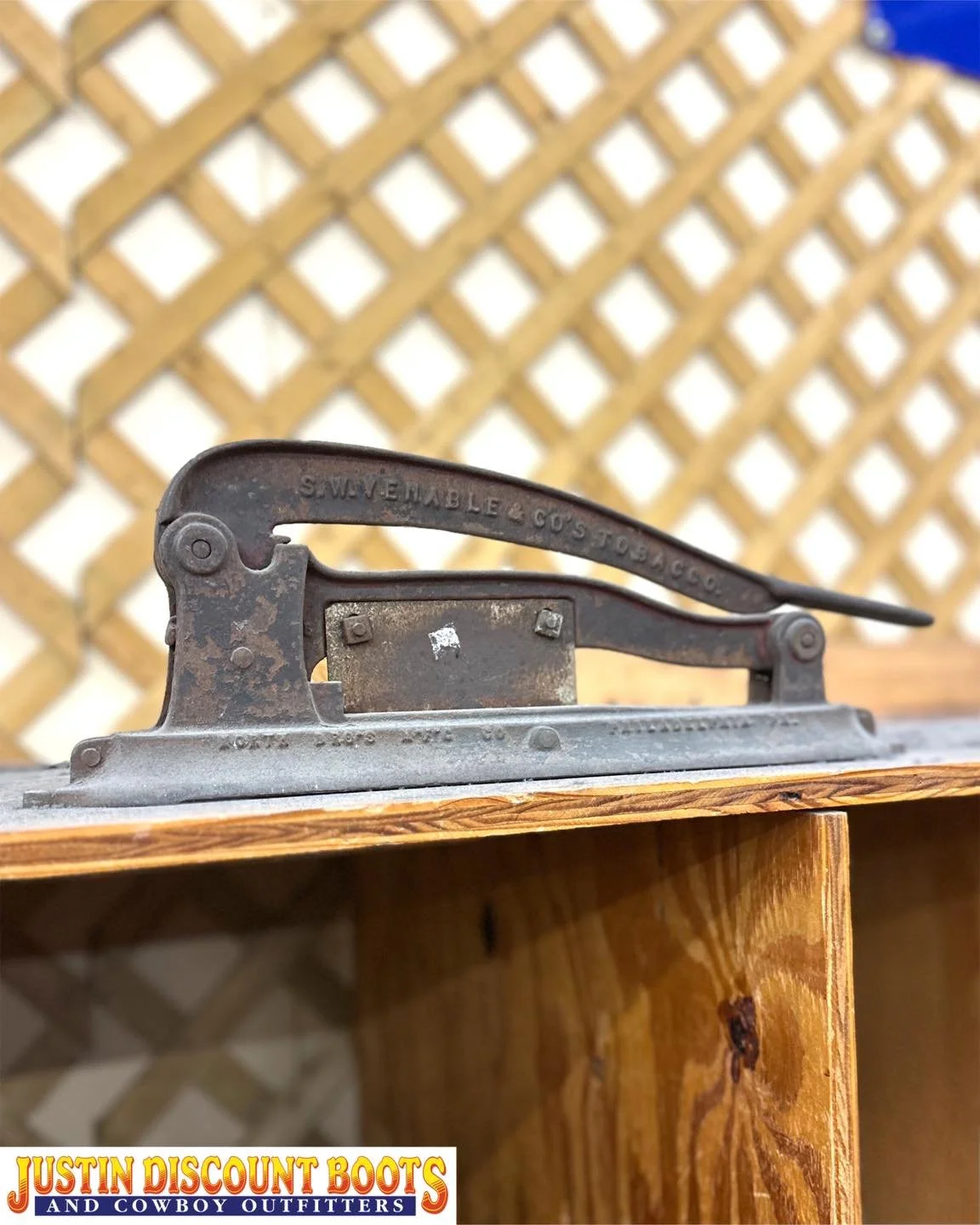 Have you ever seen an antique cast iron tobacco plug cutter? 

They were commonly used in general stores to slice through thick plugs (or bricks) of pressed tobacco leaves. This one specifically is Venable's Ole Varginy model manufactured by SW Venab