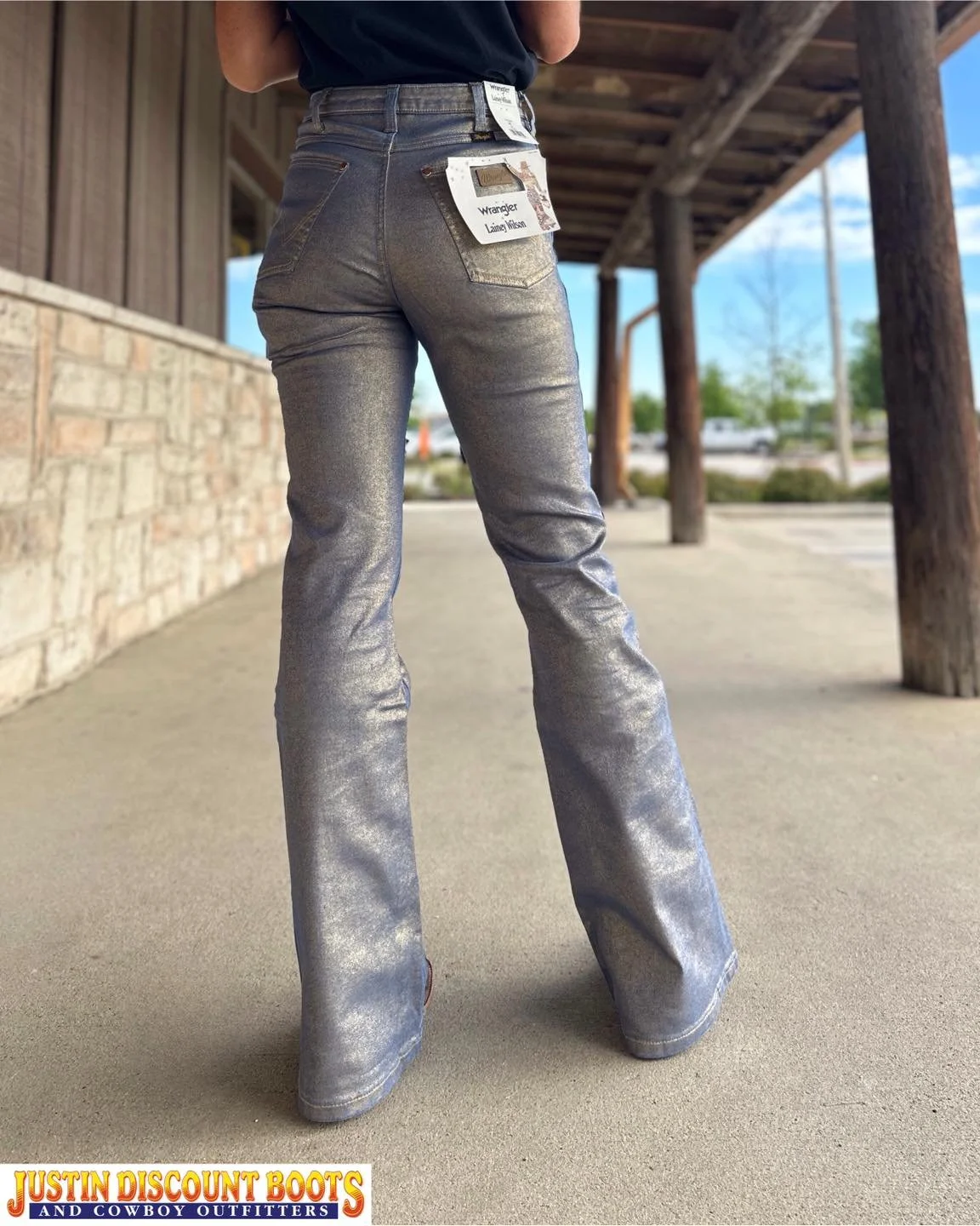 If there's one thing @laineywilson knows better than most, it&rsquo;s how to stand out in all the right ways. And with the Glitter Flare Jean, you'll be entering your golden era. It features a high-rise silhouette that flatters from every angle, a cl