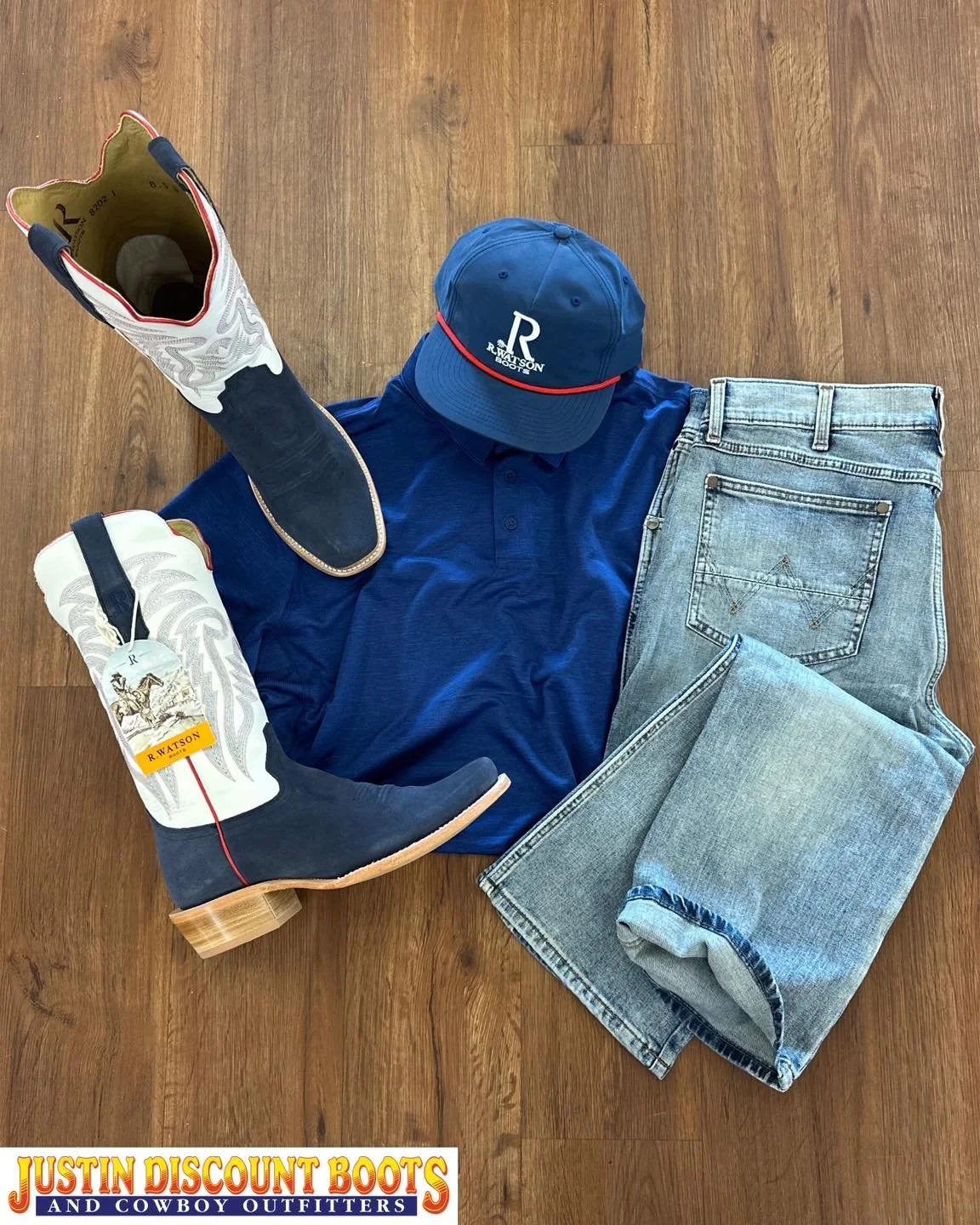 🌵 Western Wednesday 🌵

When you just get in the &lsquo;MERICA feels 🇺🇸 

Jeans: @wrangler $54.95
Polo: @wrangler $19.95
Boots: @rwatsonboots $250.50
Ball Cap: @rwatsonboots $26.95
&bull;
&bull;
#JDB #justindiscountboots #justindiscountbootsandcow