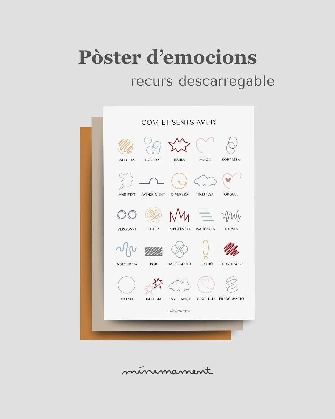🌿 p&ograve;ster d&rsquo;emocions

Aquest p&ograve;ster &eacute;s un recurs per acompanyar infants, adolescents i adults a identificar i expressar les seves emocions, amb un llenguatge senzill i d&rsquo;una manera visual.

Ideal per tenir-lo penjat a