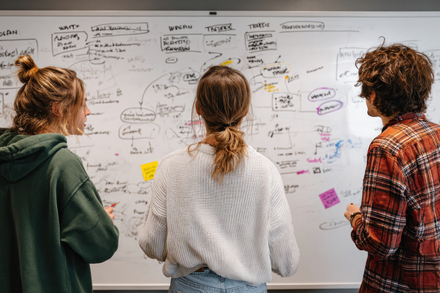 Three people standing in front of a whiteboard filled with diagrams, notes, and colorful sticky notes, discussing planning or brainstorming audio drama, podcasts, radio.