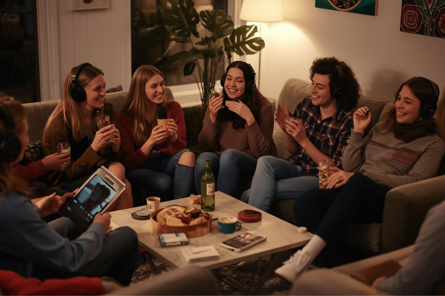 A group of friends, wearing headphones, sitting on a couch and enjoying drinks and snacks in a cozy living room while recording a podcast or participating in a group activity.