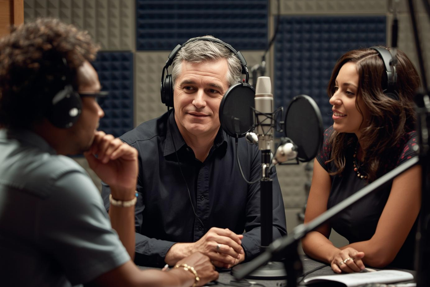 Three people in a recording studio with microphones and headphones, engaged in a discussion.