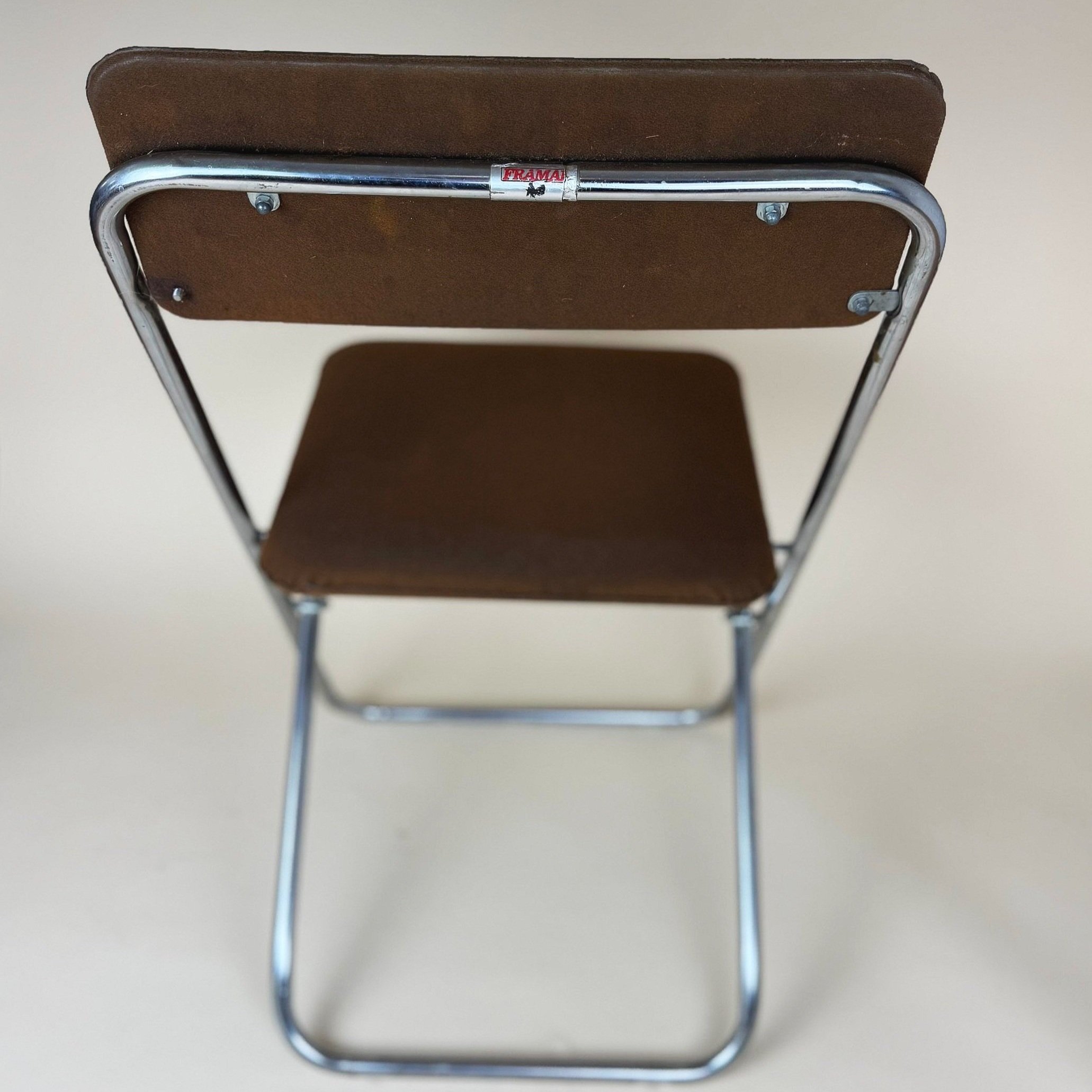 Four 1970's Italian Framar Chrome And Brown Vintage Felt Folding Chairs