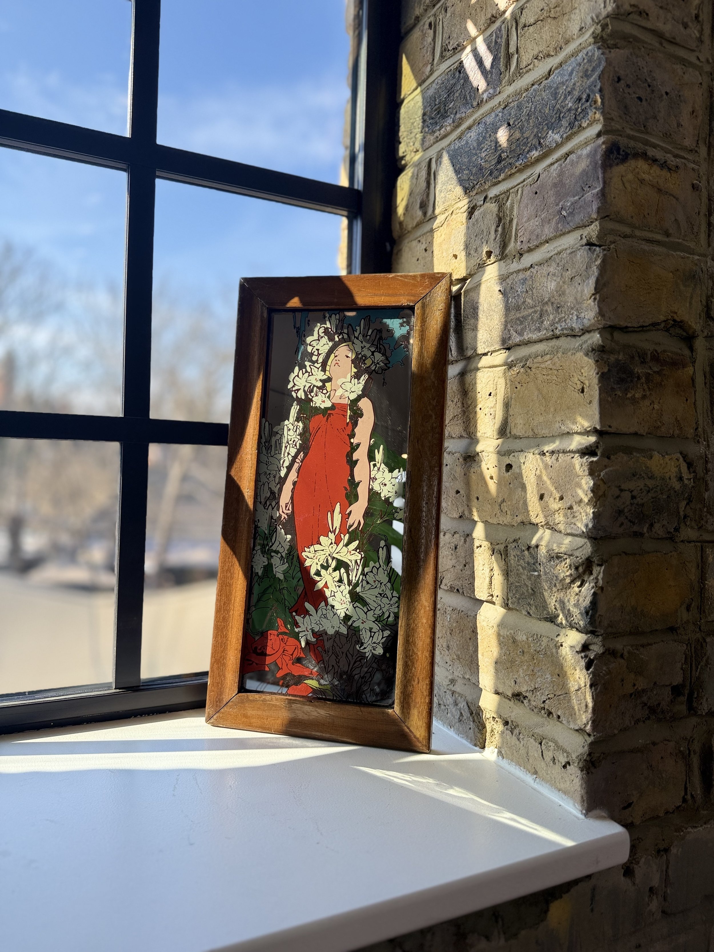 1970's Alphonse Mucha Hand Painted Mirror - 'Lady In The Red Dress'