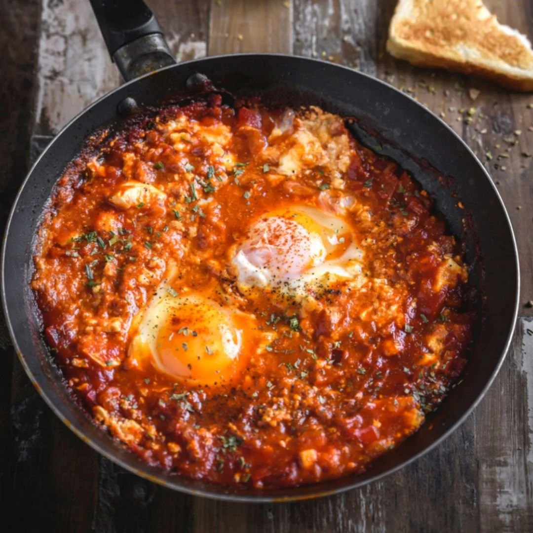 A pan with shakshuka cooking