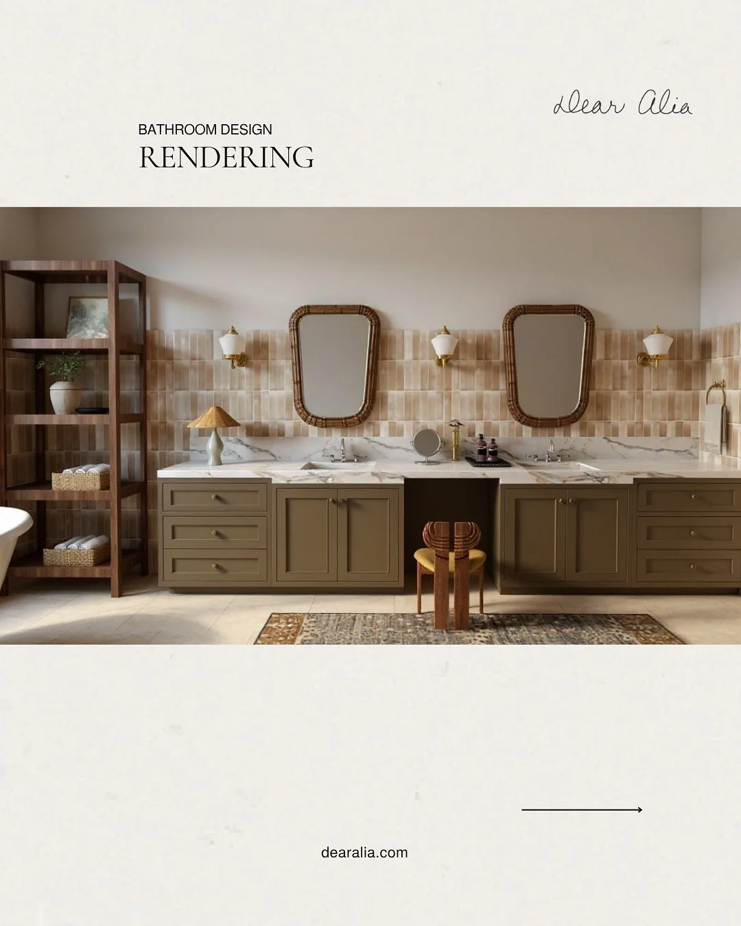 The perfect mix of moody and textural, all of my bathroom selections: glossy zellige, carved wood mirror, polished nickel, heritage brass and the most perfect warm vanity colour!

For all of my virtual e-design services, visit dearalia.com. Link in b