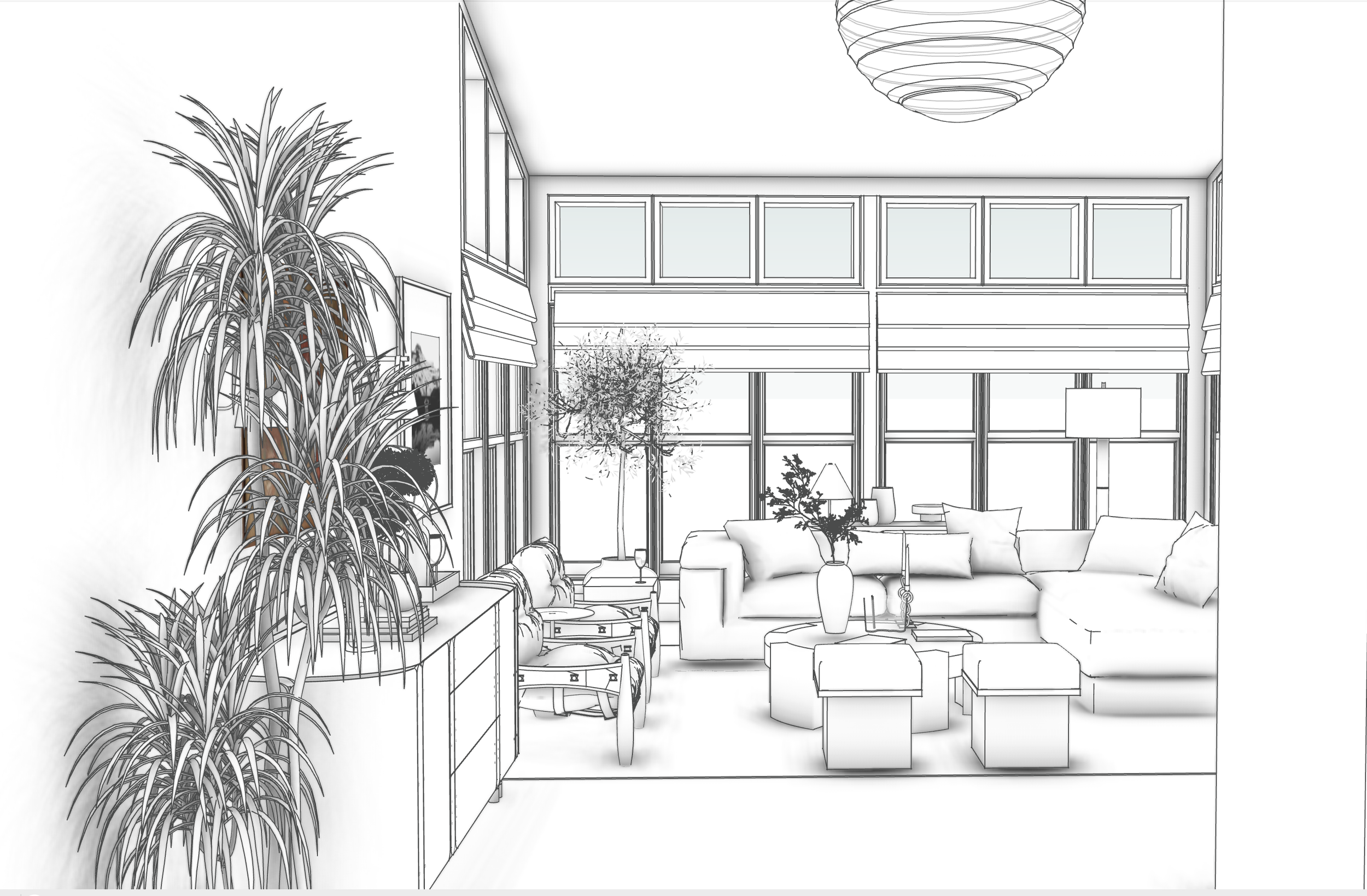 Line drawing of a modern living room with large windows, plants, sofa, armchairs, and a coffee table.