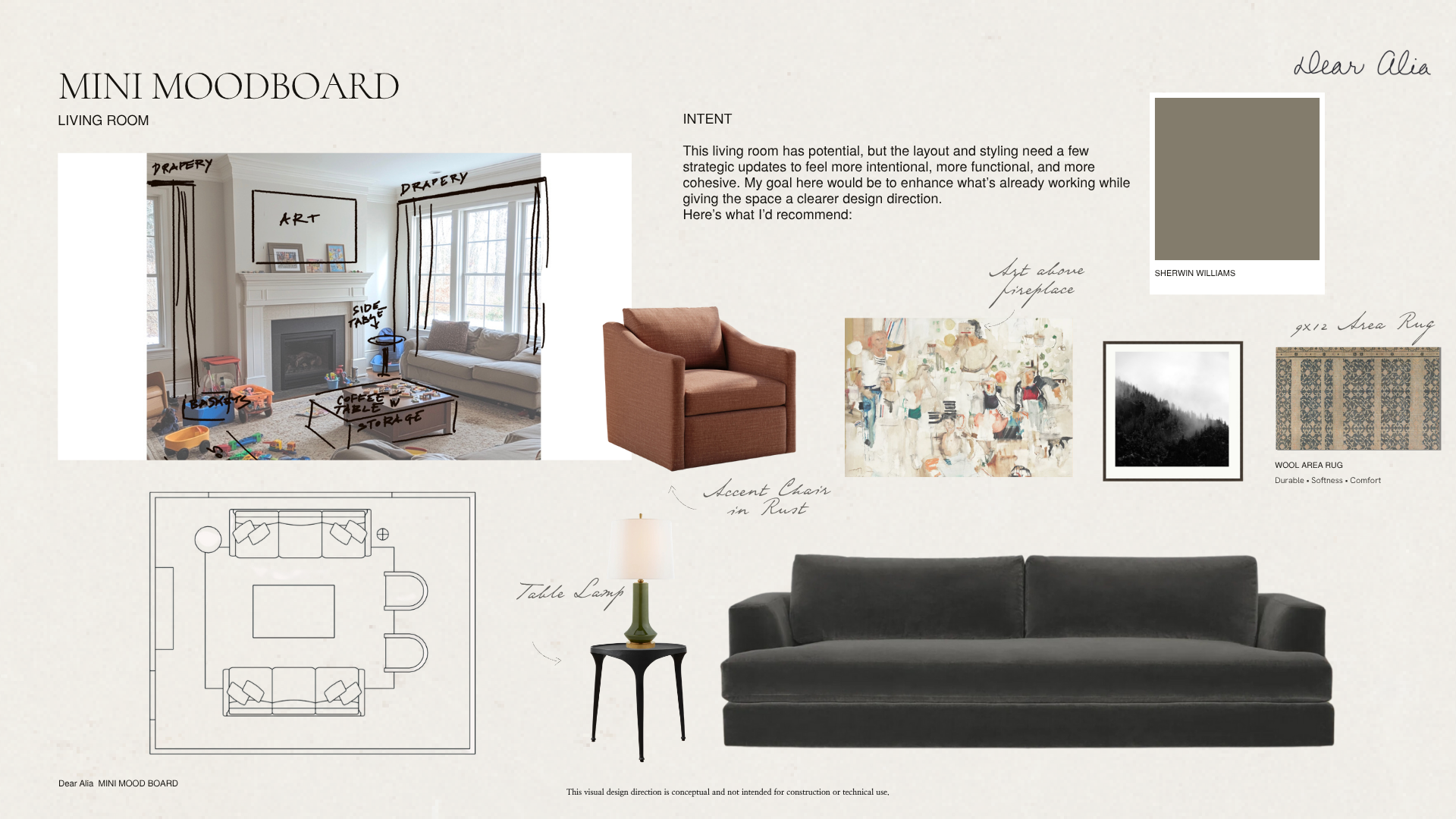 A living room mood board with layout sketches, fabric samples, furniture images, and handwritten notes for interior design ideas.