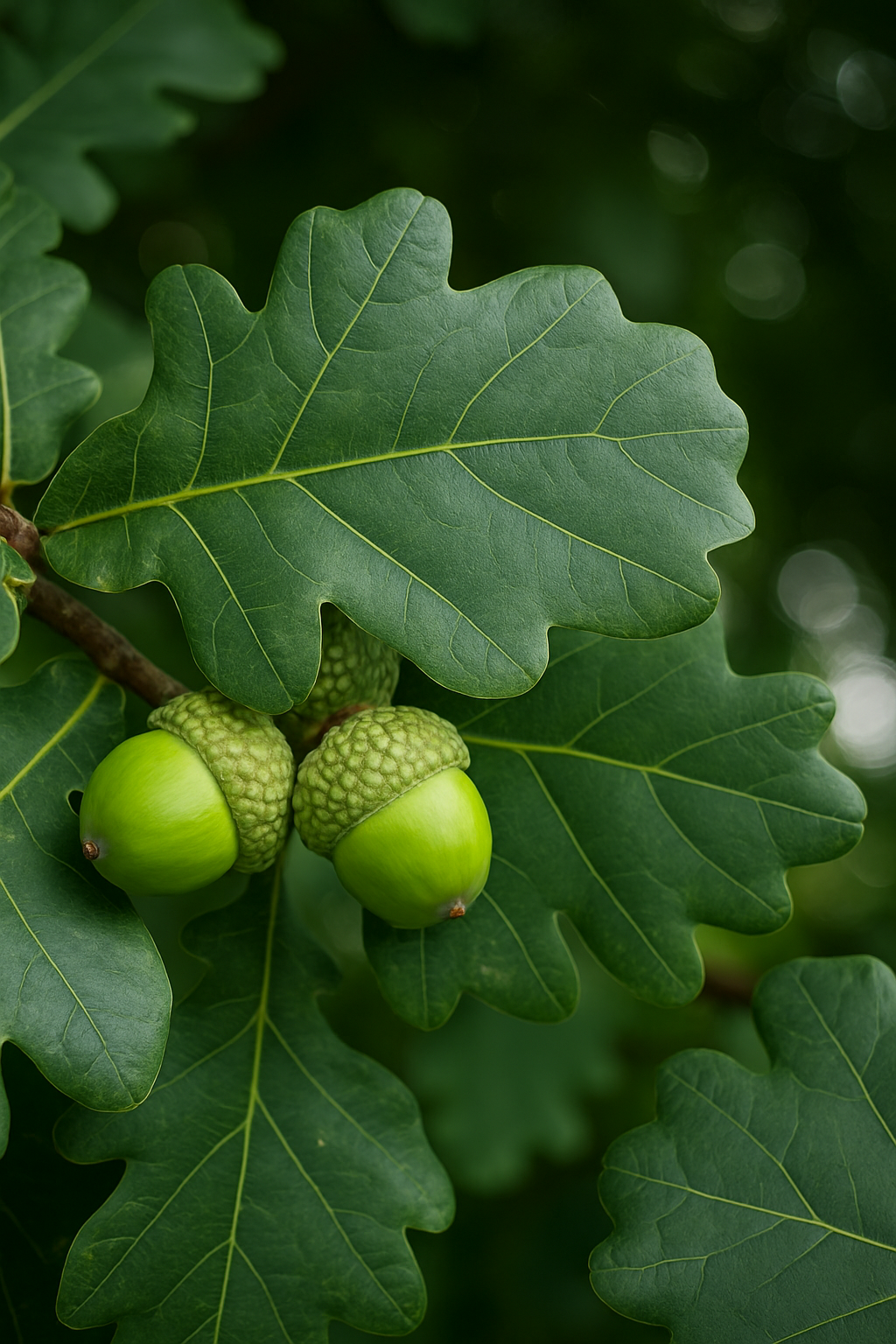 Close-up of green oak leaves and acorns on a tree branch.