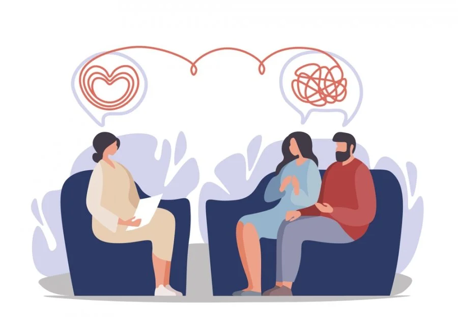 Sessualità di coppia, terapia di coppia, consulenza psicologica, comunicazione e emozioni, terapeuta con coppia femmina e maschio che discutono.