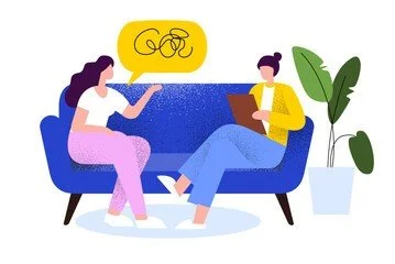 Due persone sedute su un divano che chiacchierano, con un'illustrazione di una bicicletta in un fumetto sopra di loro e una grande pianta verde in un vaso sul lato.