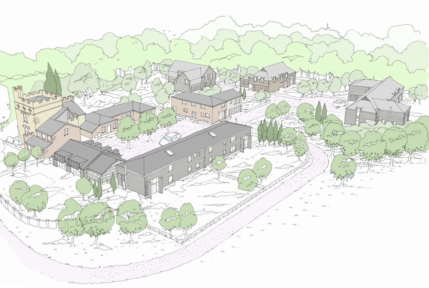 Drawing of a residential neighborhood with multiple houses, trees, and a winding road, seen from above.