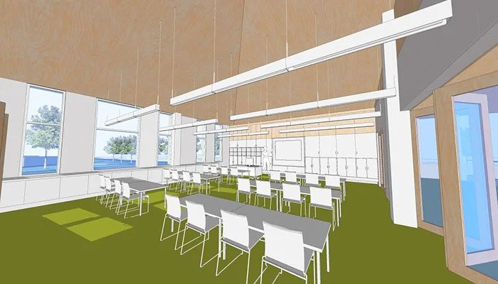 A simple rendering of one of the US Air Force school classroom with large windows, white desks and chairs, green carpet, and overhead lighting.