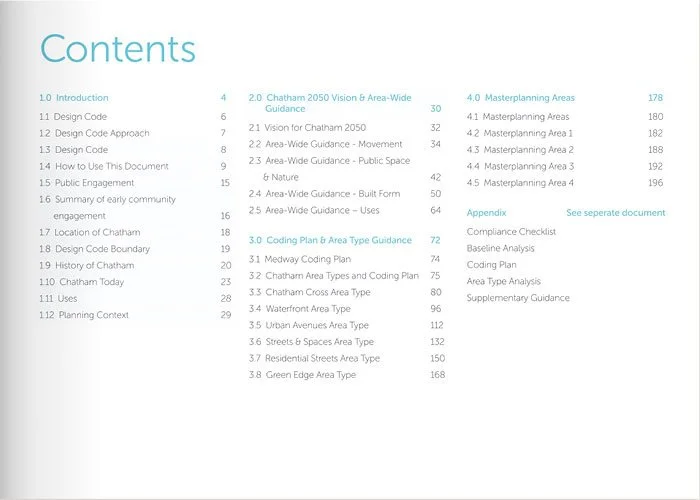 Table of contents page with sections on vision and guidance, coding plan, and masterplanning areas, including subtopics and page numbers.