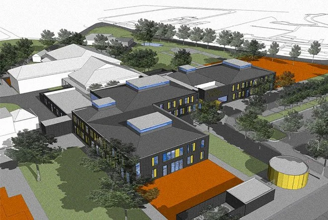 A computer-render aerial view of a modern school campus at US Air Force Schools, with multiple black and grey buildings, surrounding trees, green lawns, parking lots, and orange paved areas in a suburban setting.