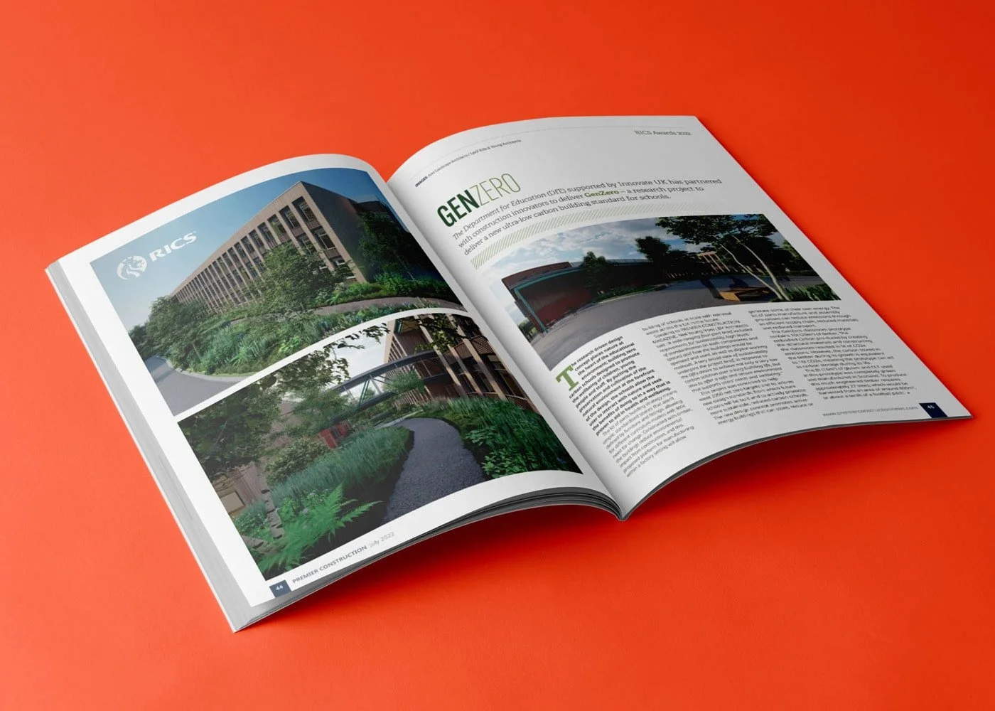 A mockup magazine spread open to show the GenZero Article in Premier Construction Magazine
