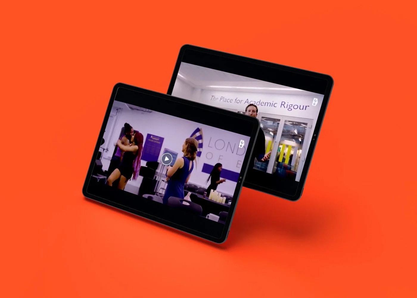 Two Tablet iPad Mockups with video stills from the Tottenham YouTube video showing students inside the London Academy of Excellence in Tottenham