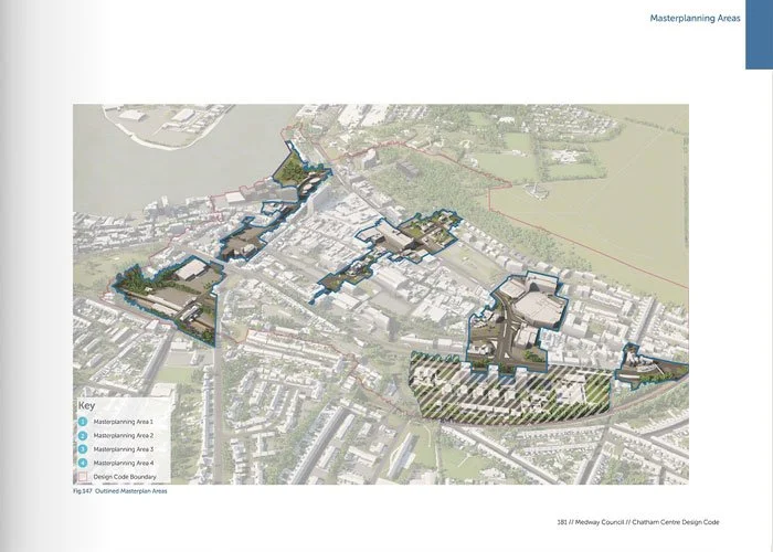 A map showing outlined masterplanning areas and design code boundary in an urban area near water and green spaces.