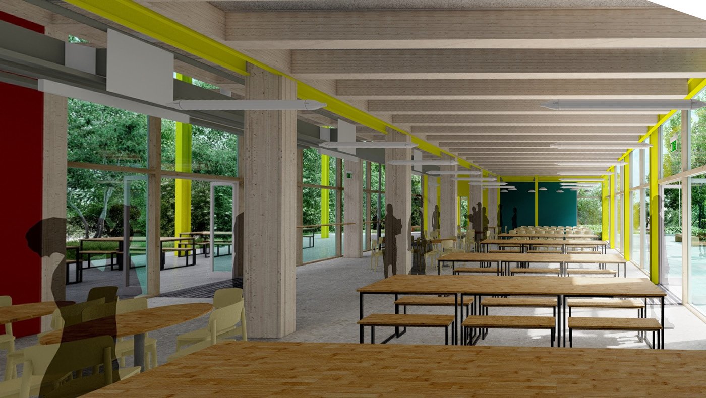 Design rendering of a modern cafeteria with large glass windows, wooden tables and chairs, and silhouettes of people inside and outside.