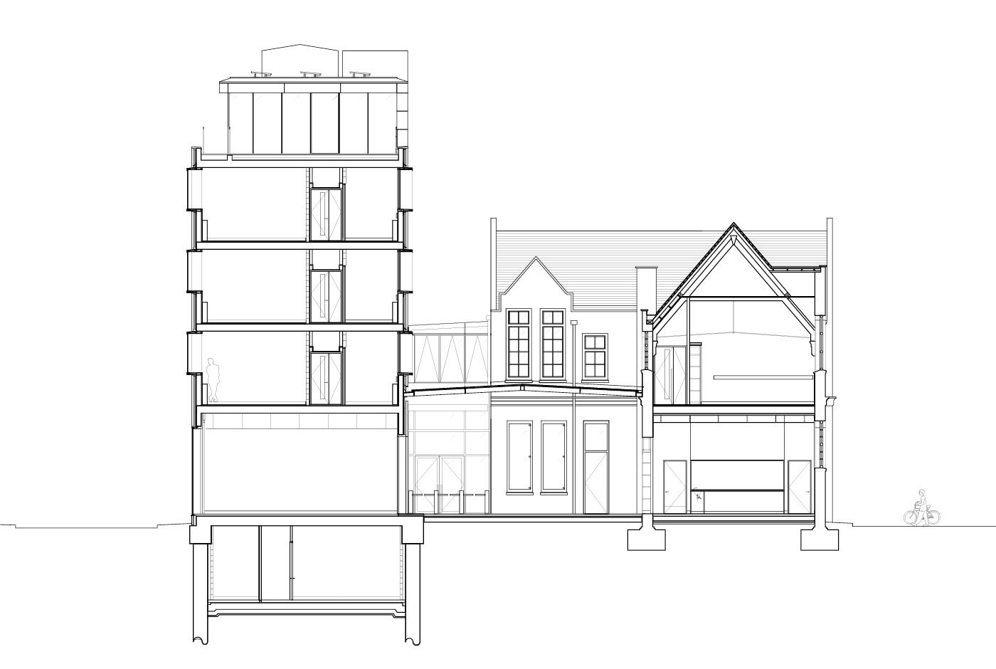 Architectural section drawing of a multi-story building with detailed interior layout, adjacent to a traditional single-family house, including a person walking and a person riding a bicycle.