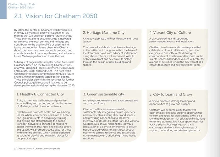 Information panel detailing Chatham 2050 Vision with sections on Heritage Maritime City, Vibrant City of Culture, Green Sustainable City, Healthy & Connected City, and City to Learn and Grow.