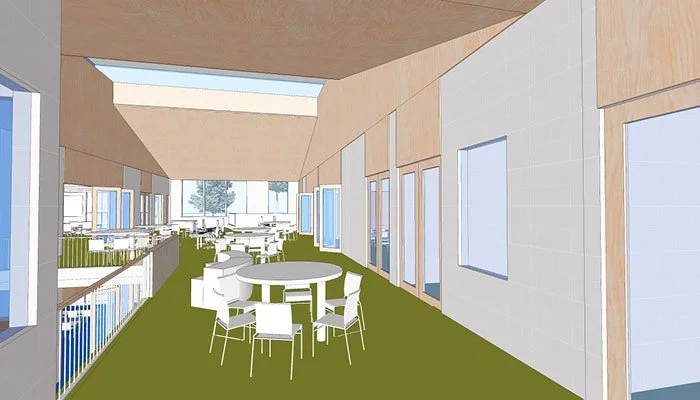 A simple rendering of the indoor space with round white tables and chairs, large windows, wooden ceiling and walls, overlooking outdoor trees that makes up the US Air Force school.