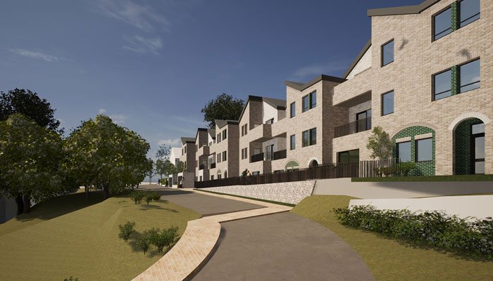 Computer-render of Upper Mount Housing, a modern multi-story residential buildings on a hill with a winding pathway in the foreground, trees, and landscaping.