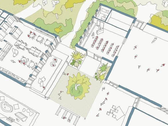 A detailed architectural illustration St Mary’s Biophilic Primary School with outdoor and indoor spaces, including a courtyard with trees, a classroom with desks, a lounge area, and an outdoor sports area with people playing.