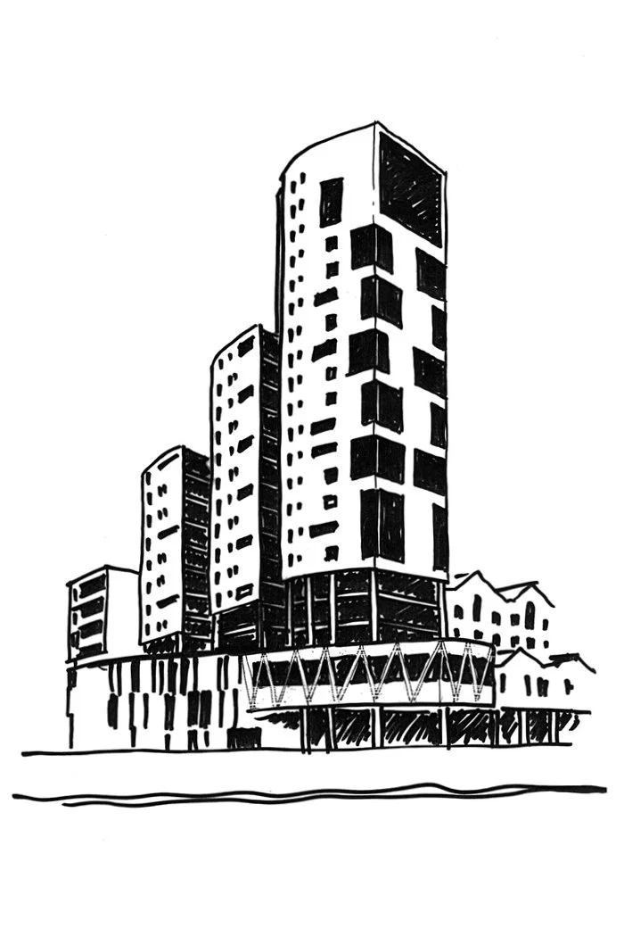 A black and white sketch of modern high-rise buildings near water with a minimalist style.
