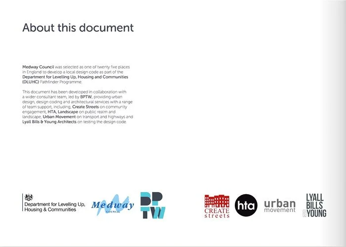 Page titled "About this document" explaining it's developed by Medway Council and partners for a local design code in Medway, UK, with logos of Medway Council, Create Streets, HTA, Urban Movement, and Lyall Bills & Young Architects at the bottom.
