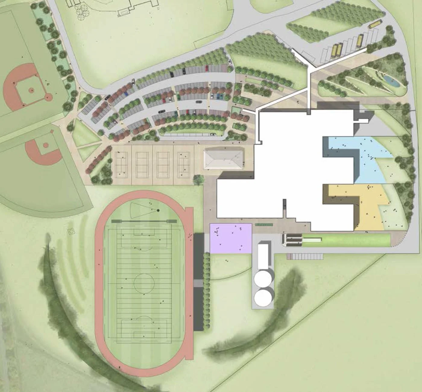 A detailed site plan of the US Air Force school campus showing parking lots, sports fields, tennis courts, playgrounds, and various building structures.
