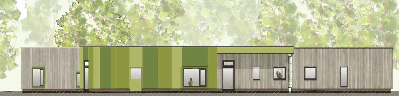 Architectural elevation drawing Enchanted Wood Nursery, single-story building with varied green and wood exterior walls, large windows, and a colourful tree line in the background.
