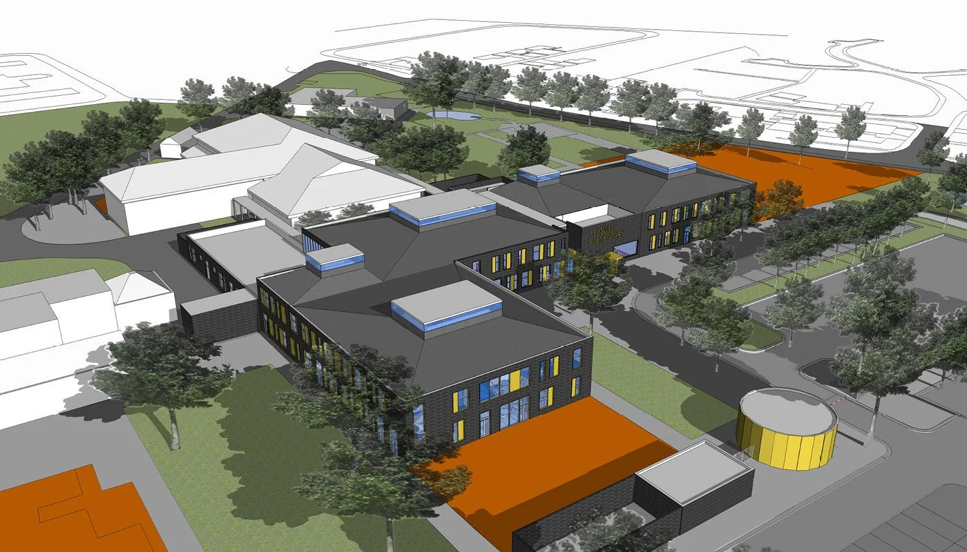 Architectural rendering of a the US Air Force school building with black exterior and colourful window accents, surrounded by trees and playground areas, with parking lots nearby.