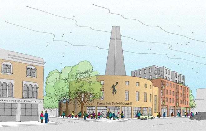 An illustrated city street scene featuring Forest Gate Church, a curved yellow building with a silhouette of a person climbing on it, surrounded by trees, other buildings, and people walking on the sidewalk.