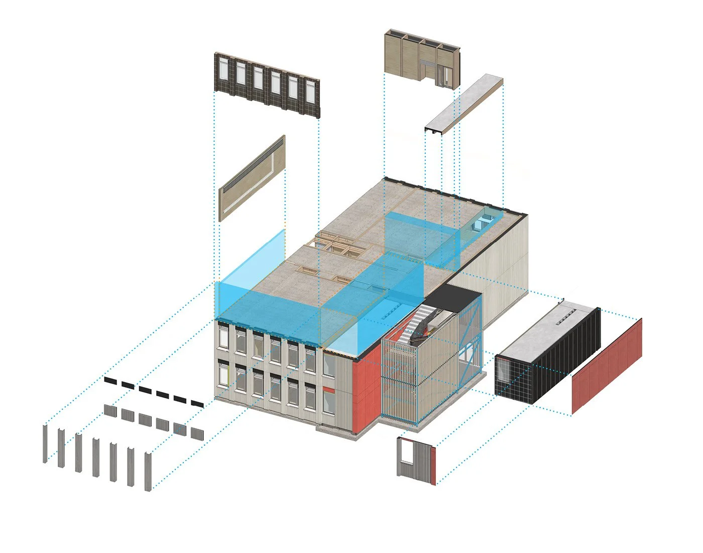 An exploded view architectural diagram of a building showing various wall, window, and structural components separated and labeled.