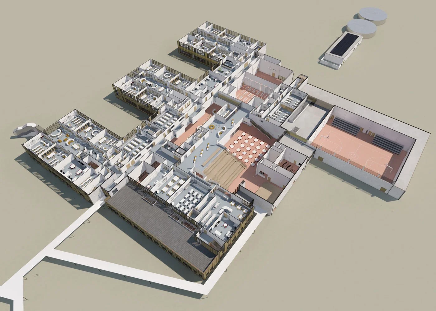 A 3D floor plan of the full US Air Force school facility, including numerous classrooms, offices, a gymnasium, and outdoor sports courts.