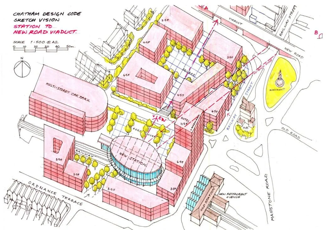 A colorful urban design sketch of a development project, featuring buildings, a multi-story car park, a new station, parking, roads, and landscaped areas with trees. Labels indicate different structures and features, including a hotel, pub, monument, and roadway connections.