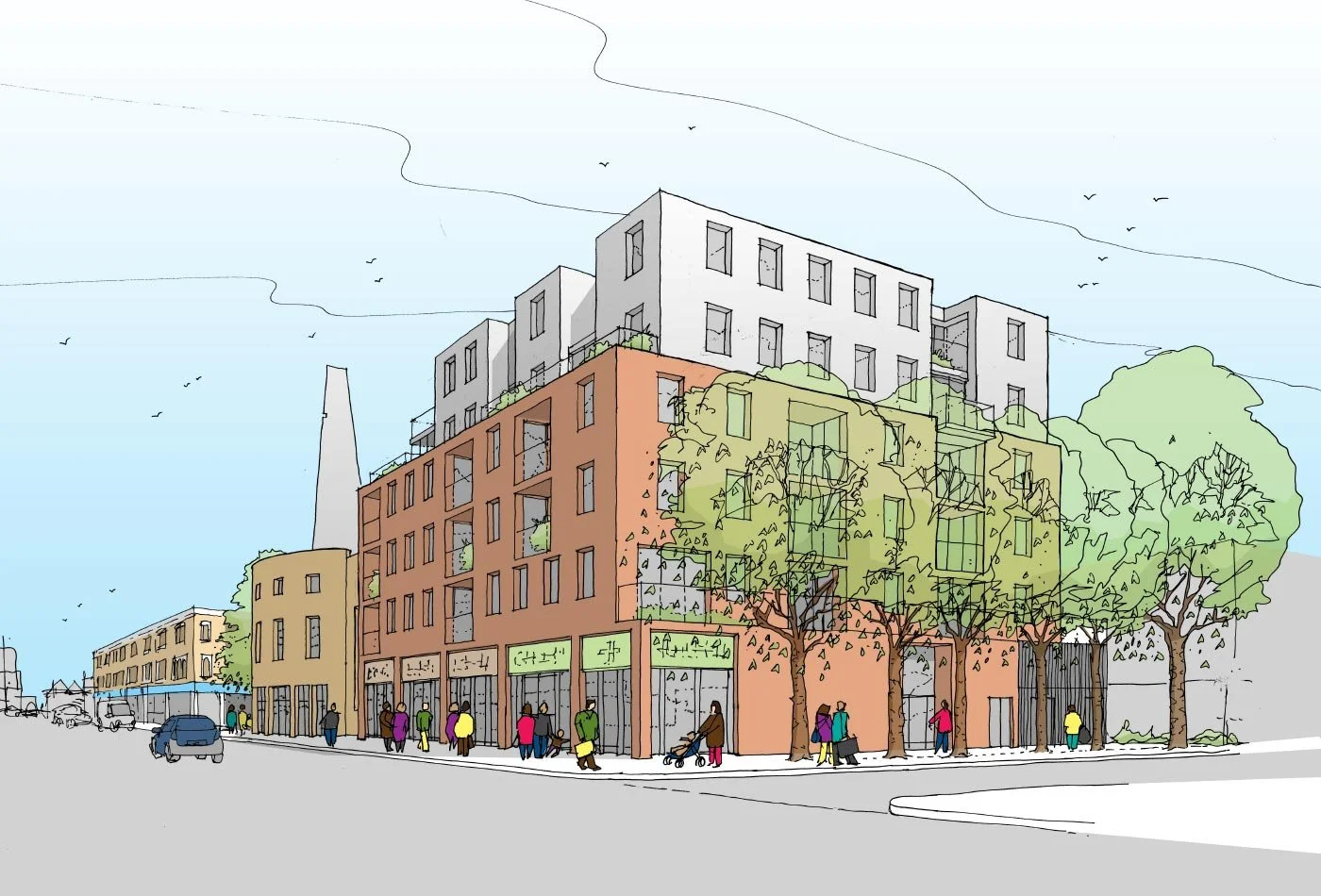 A Colourful illustration of Forest Gate Church, the city street scene featuring a modern mixed-use building with retail shops on the ground floor and residential units above, several trees lining the sidewalk, and pedestrians walking.