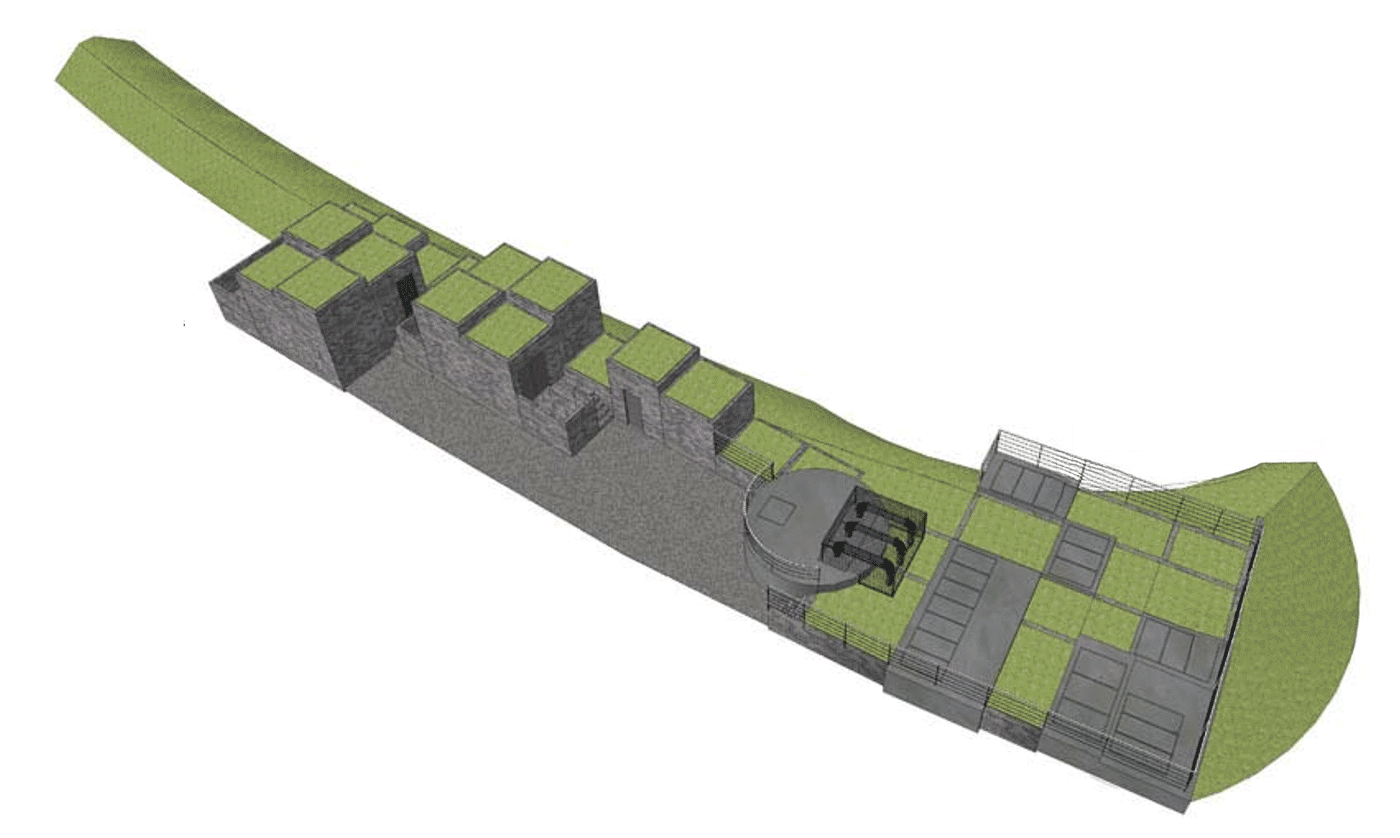 A 3D architectural model of the Stratford Box Pumping Station modern outdoor space with grass sections, concrete pathways, and seating areas. Contains a curved wall and multiple tiers.