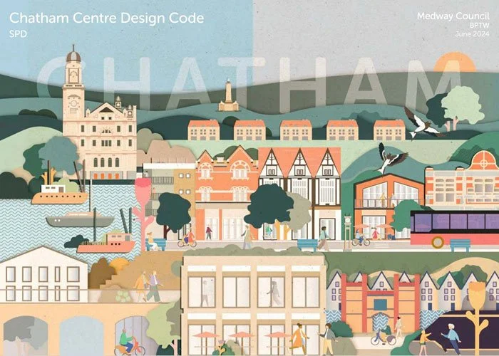 The front cover of the Chatham Centre Design Code, featuring a Illustrated map of Chatham, depicting buildings, people, trees, water, and ships in a colourful landscape with hills and a lighthouse.