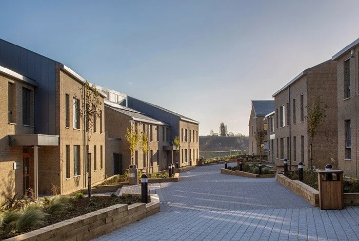Residential area with modern townhouses, paved walkway, small trees, and landscaped garden beds under clear sky.