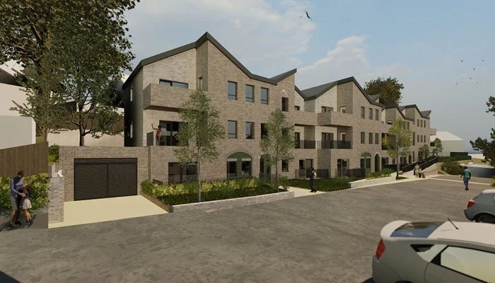 Illustration of a modern multi-story apartment building for Upper Mount Housing with trees and parked cars in front.